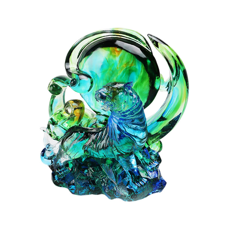 Adornos de tigre de cristal transparente azul-verde