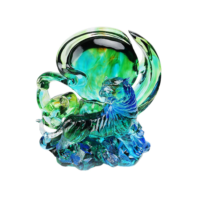 Adornos de tigre de cristal transparente azul-verde