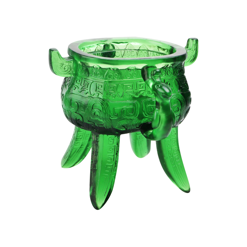 Trípode de cristal verde esmeralda con asas en forma de oreja