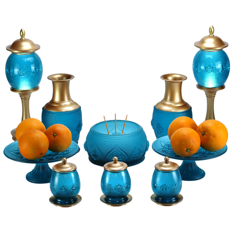 Azul Real Ocho Símbolos Auspiciosos Altar Budista Cristal Ofrendas