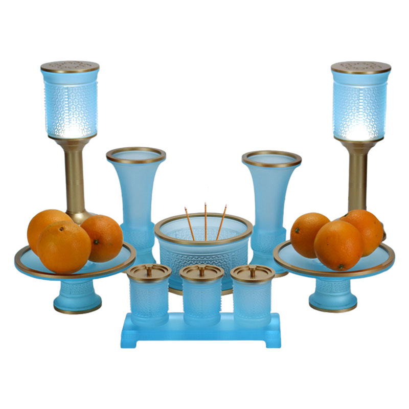 Conjunto de ofrendas de altar budista de vidrio serie Ruyi azul claro