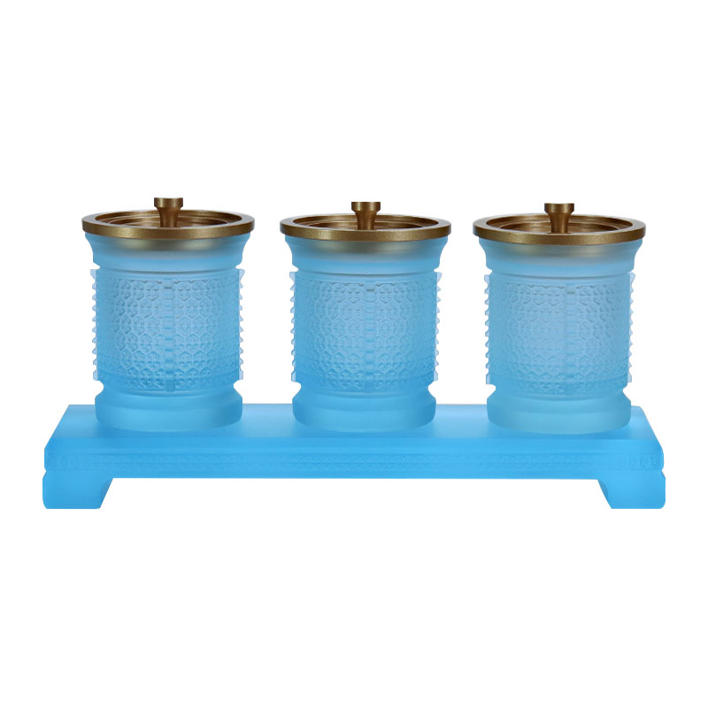 Conjunto de ofrendas de altar budista de vidrio serie Ruyi azul claro