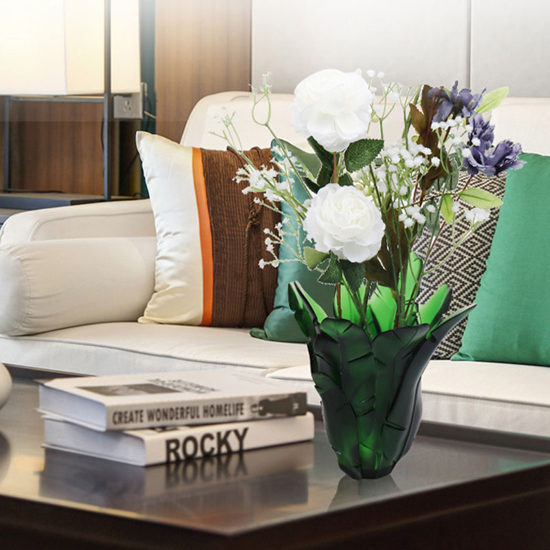 Florero de cristal de hoja de plátano verde para decoración del hogar