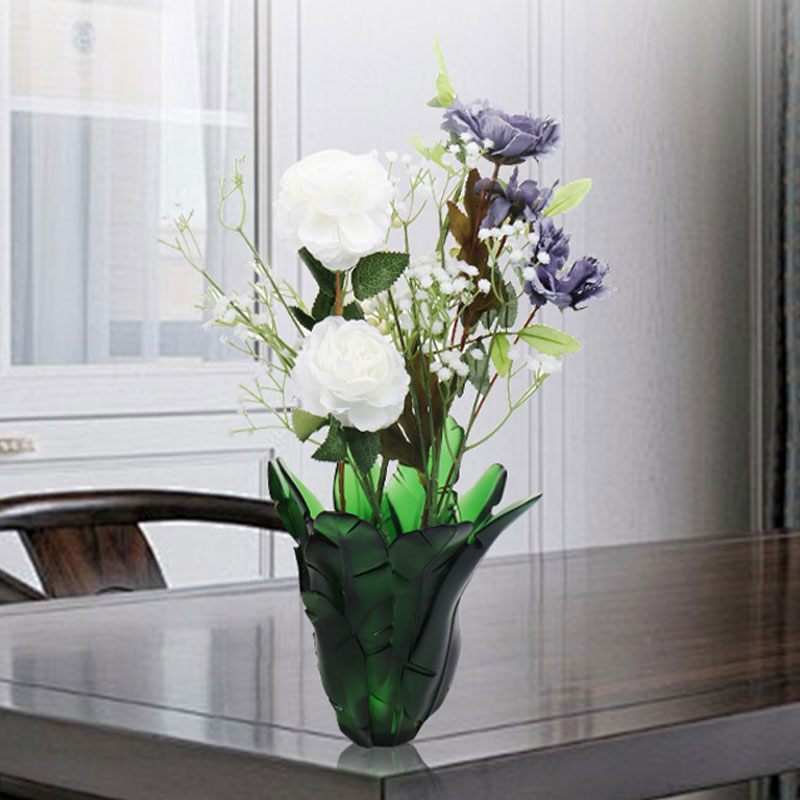 Florero de cristal de hoja de plátano verde para decoración del hogar