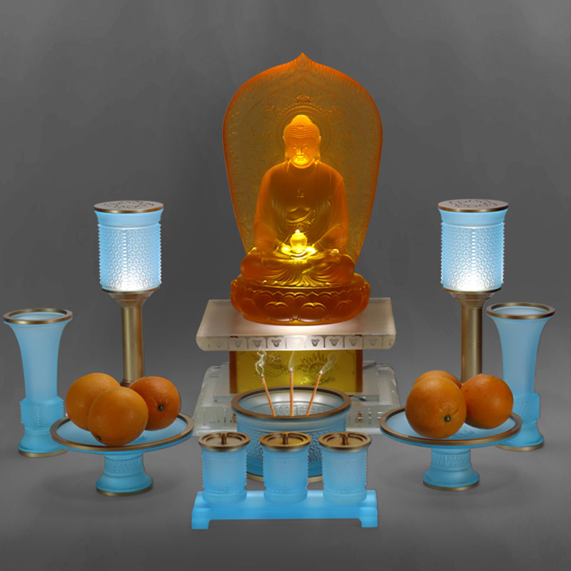 Conjunto de ofrendas de altar budista de vidrio serie Ruyi azul claro