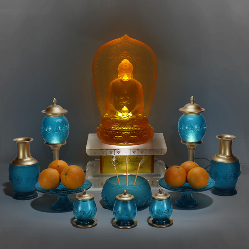 Azul Real Ocho Símbolos Auspiciosos Altar Budista Cristal Ofrendas