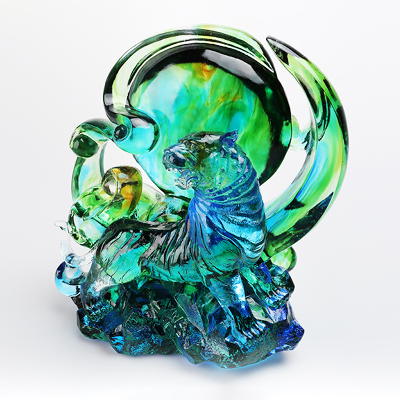 Adornos de tigre de cristal transparente azul-verde